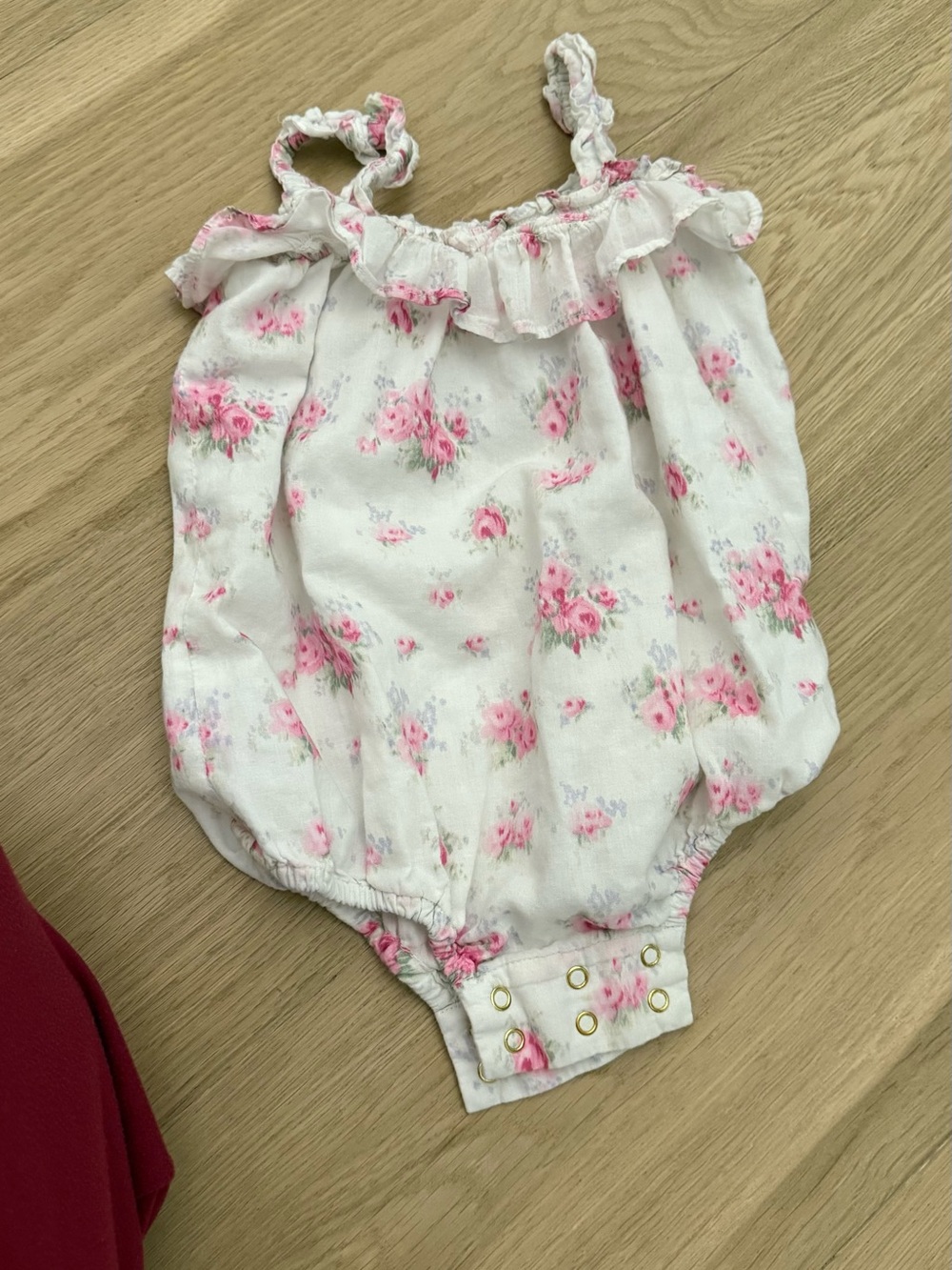 LoveShackFancy White Floral Baby Romper with Pink Roses